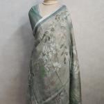 Olive Green Botanical Print Linen Saree