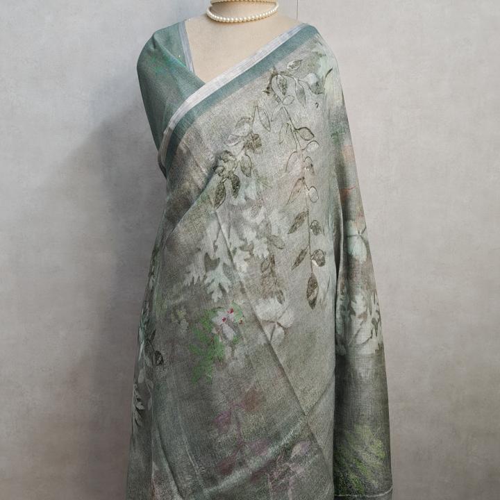 Olive Green Botanical Print Linen Saree
