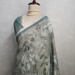 Olive Green Botanical Print Linen Saree