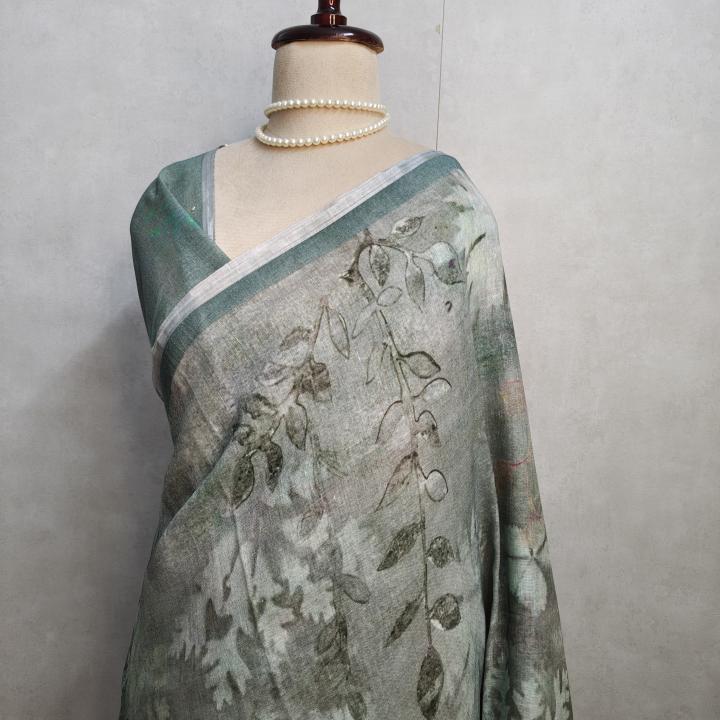 Olive Green Botanical Print Linen Saree