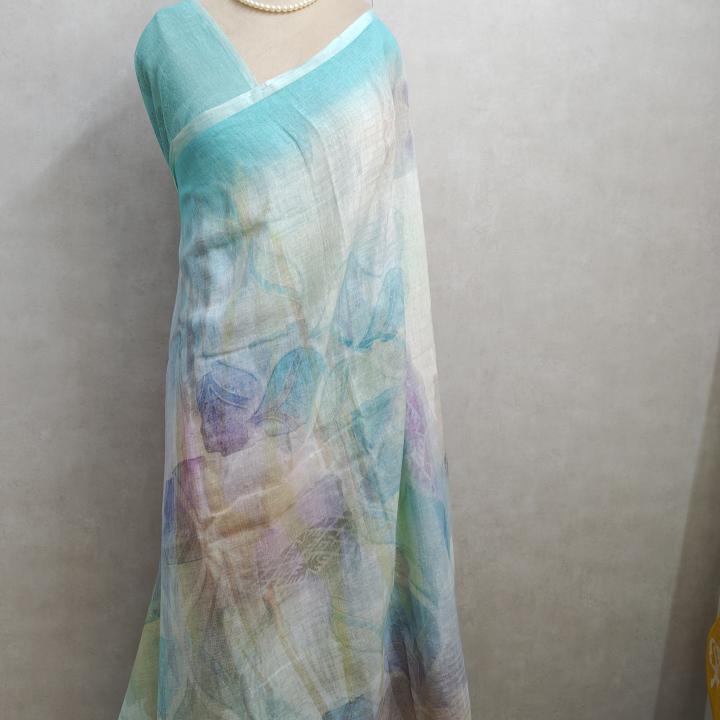 Cyan & Multicolour Abstract Floral Linen Saree