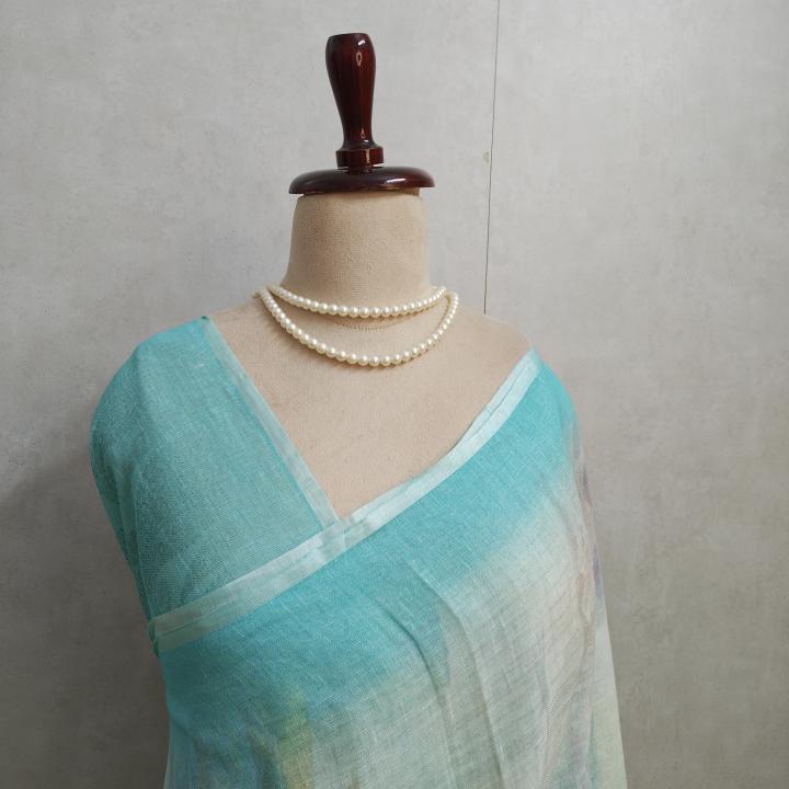 Cyan & Multicolour Abstract Floral Linen Saree