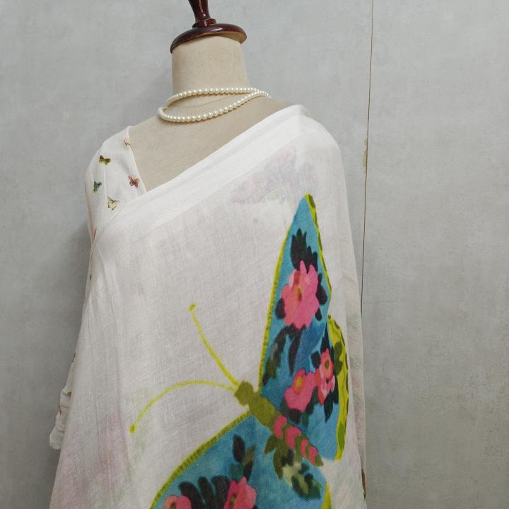 Multicolour Butterfly Print Linen Saree
