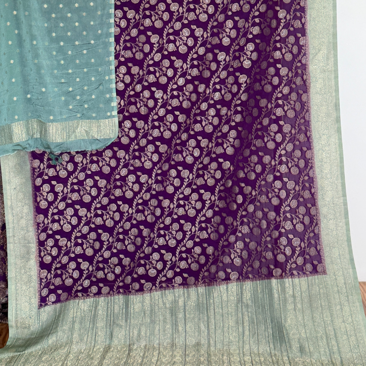Deep Purple Floral Semi-Banarasi Saree