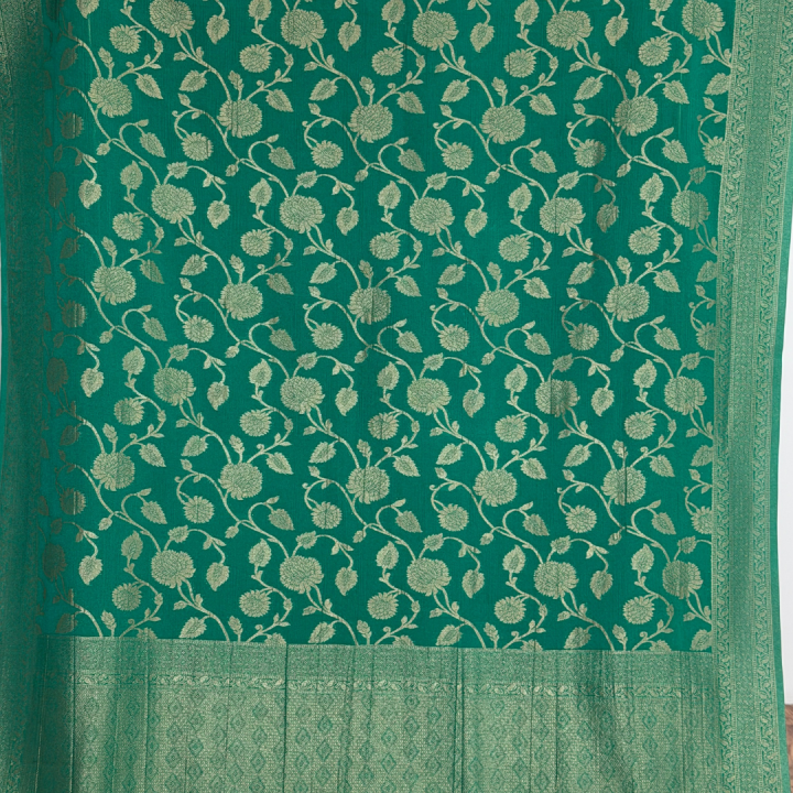Emerald Green Floral Semi-Banarasi Saree